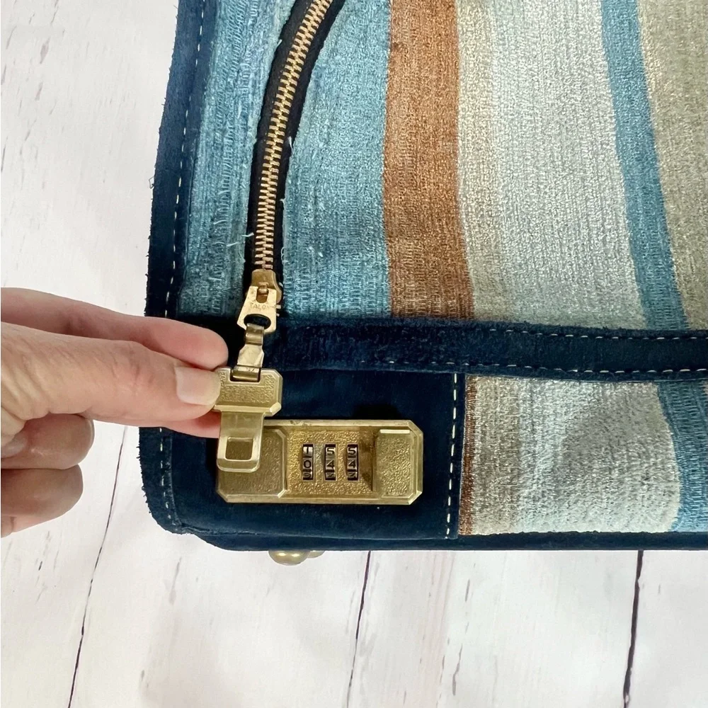 Vintage French Blue suede, striped fabric luggage, travel suitcase rare